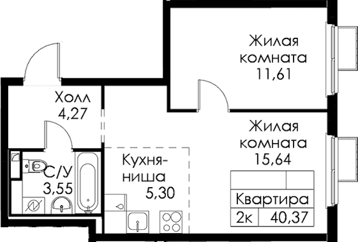 1-комнатная квартира 40.37 м², 6/15 эт., ЖК «Янинский лес»